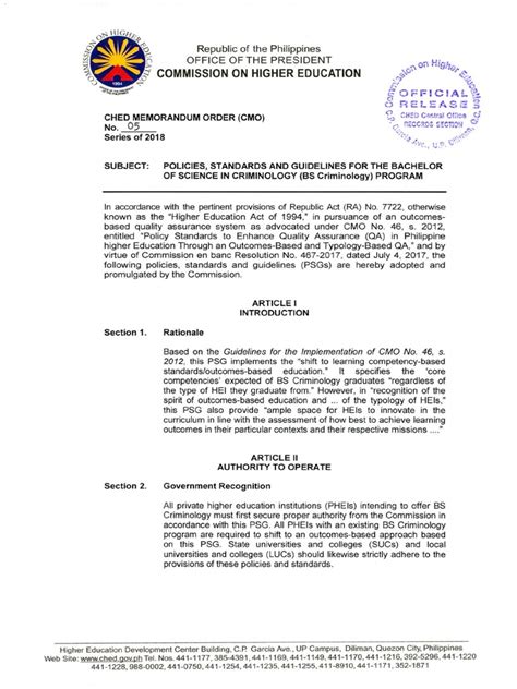 CMO No. 05 S. 2018 PSG For BS Criminology .